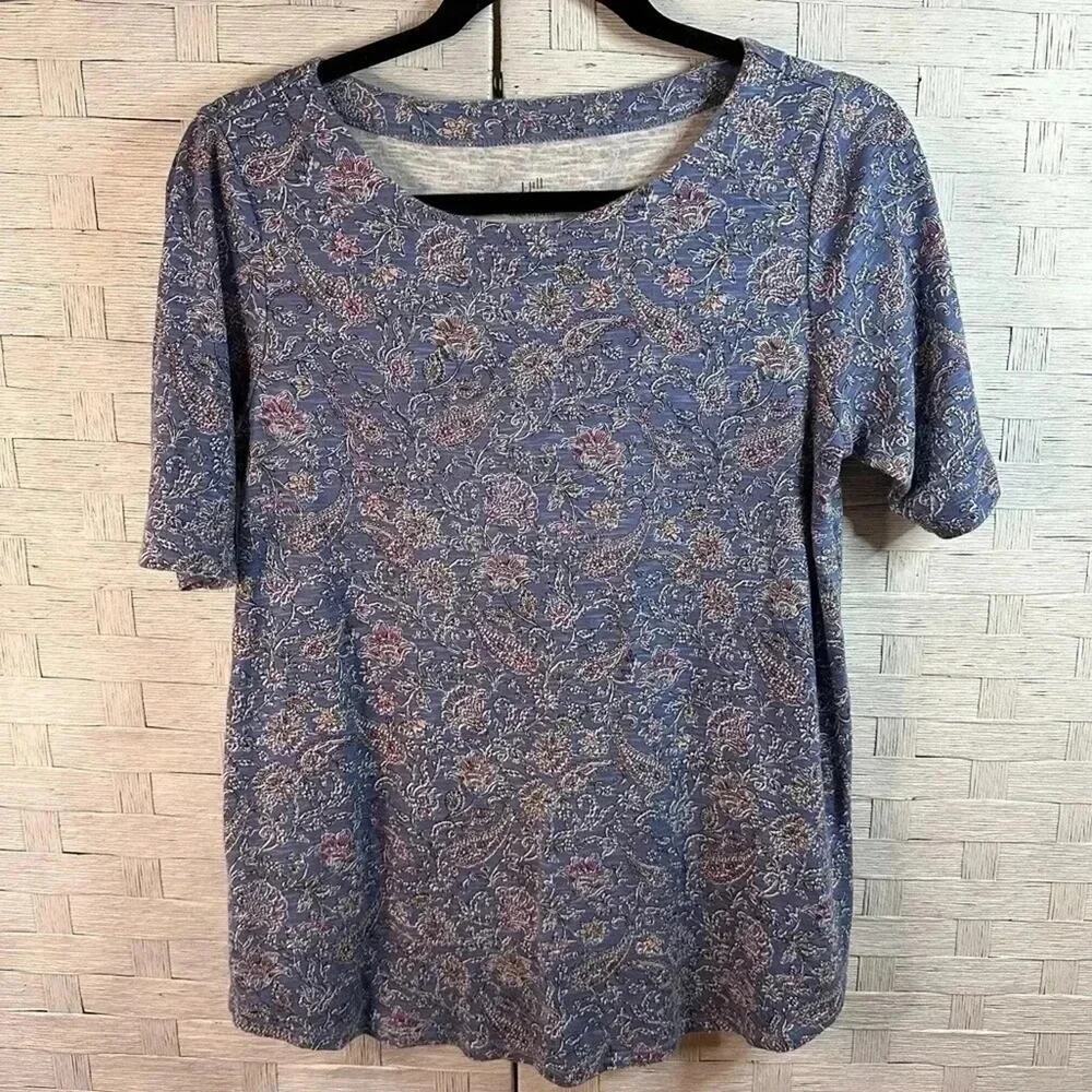 J Jill Womens Paisley Pima cotton T-shirt deep hem collar deep him soft